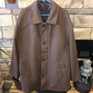 J.FERRAR SIZE XLARGE BROWN WOOL COAT WITH DRAWSTRING WAIST LOTS OF POCKETS LINED